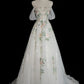 A Line Off Shoulder Tulle Lace Applique White Long Prom Dress Formal Dress SH3574