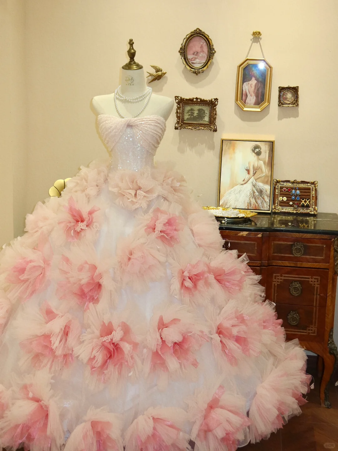 Light Pink Ball Gown Sweetheart Neck Sequin Floral Tulle Prom Dress Evening Dress SH7373