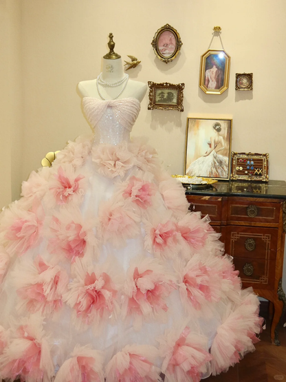 Light Pink Ball Gown Sweetheart Neck Sequin Floral Tulle Prom Dress Evening Dress SH7373
