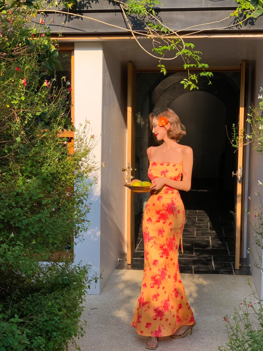 Sexy Sheath Spaghetti Straps Orange Print Floral Satin Long Prom Dress Outfits SH4331
