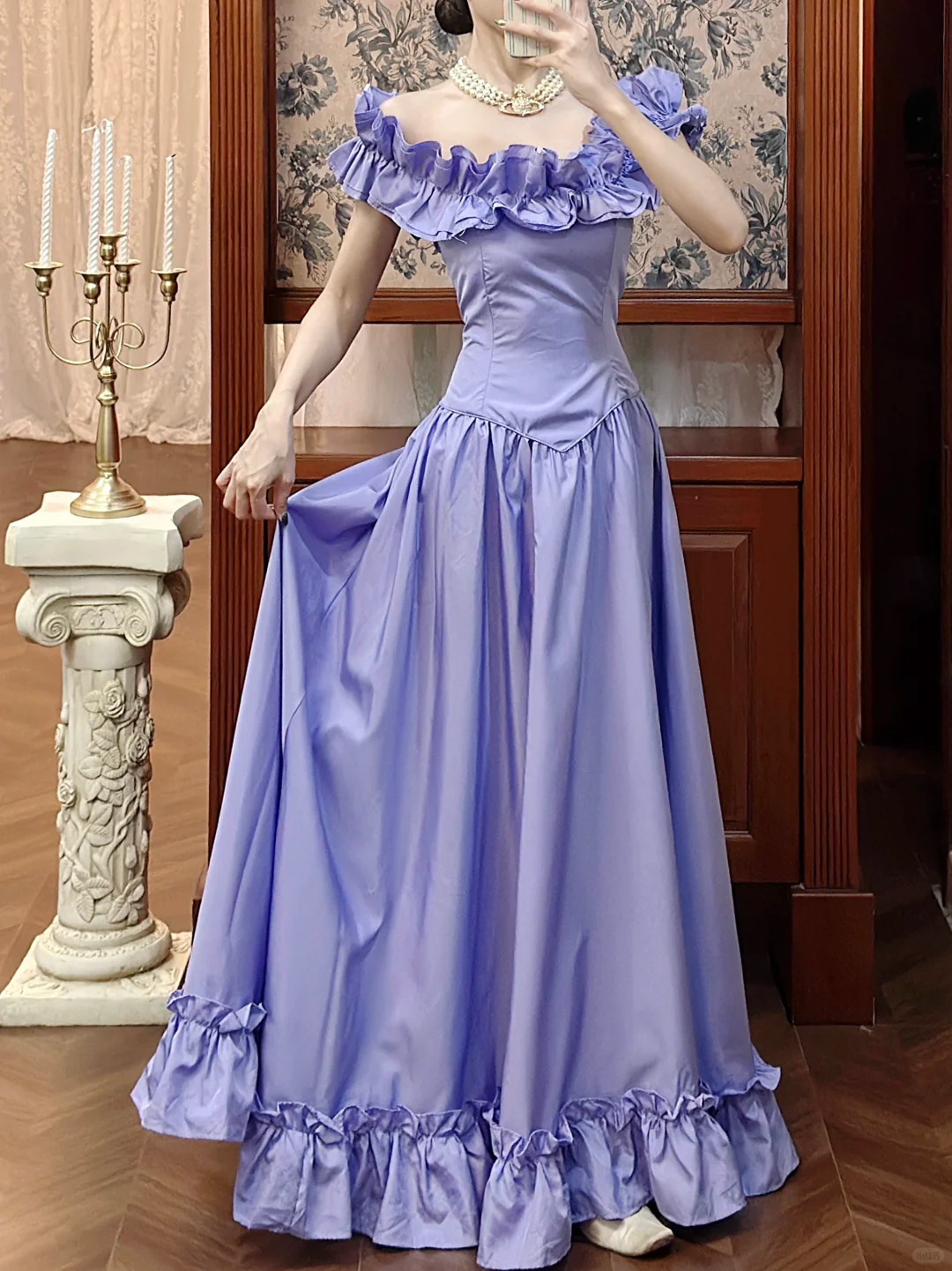 Vintage Purple A Line Off the Shoulder Ruffle Satin Long Prom Dress SH5174