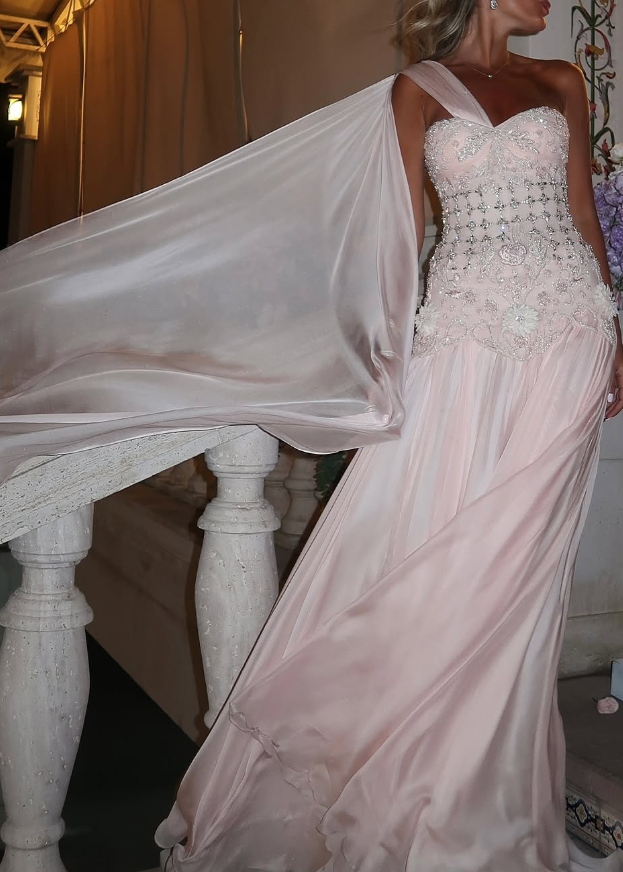 Elegant A Line One Shoulder Beaded Light Pink Satin Prom Dress Wedding Guest Dress SH4722