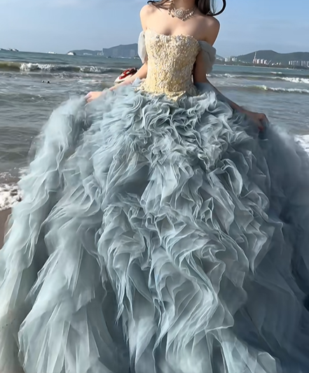 Dreamy Blue Ball Gown Off the Shoulder Beaded Tulle Prom Dress 16th Birthday Dress SH5028