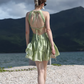 Green A Line V Neck Satin Open Back Short Homecoming Dress Vacation Dress Outfits SH3994