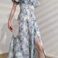 Blue Rose A Line Puff Chiffon Prom Dress Outfits with Slit SH4729