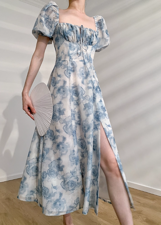 Blue Rose A Line Puff Chiffon Prom Dress Outfits with Slit SH4729