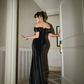 Sexy Black Sheath Off the Shoulder Lace Satin Prom Dress Evening Dress SH5529