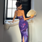Sexy Purple Print Floral Sheath Halter Chiffon Long Prom Dress Party Dress SH4033