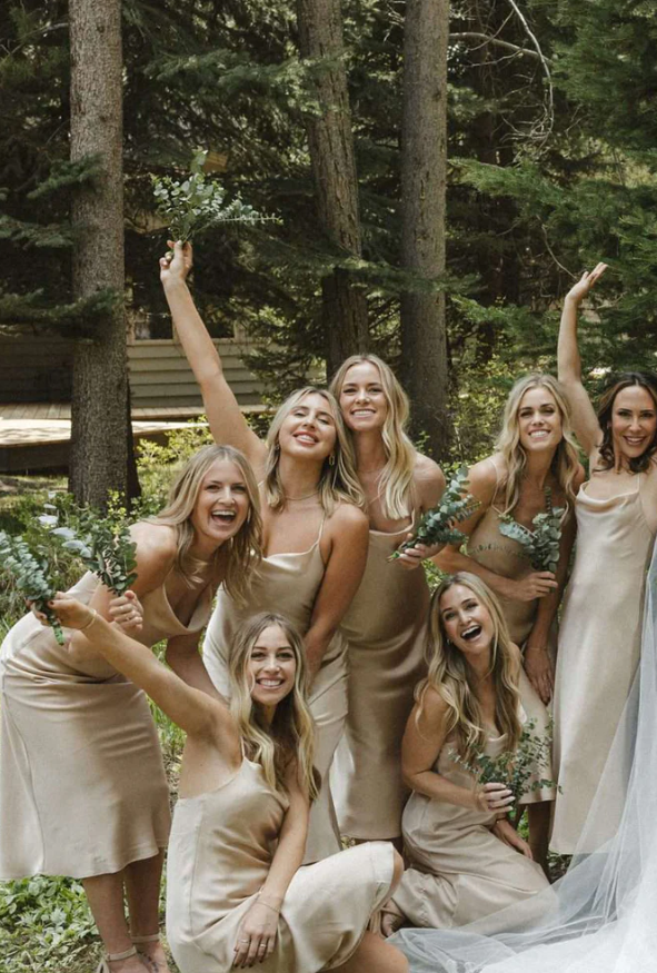 Simple Silk Satin Cowl Neck Spaghetti Strap Popular Tea Length Bridesmaid Dresses SH5587