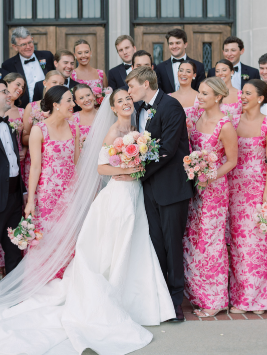 Pink Print Floral A Line Strap Satin Long Bridesmaid Dress SH6579