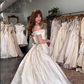 Retro Beige A Line Off the Shoulder 3D Flower Satin Wedding Dress SH6087