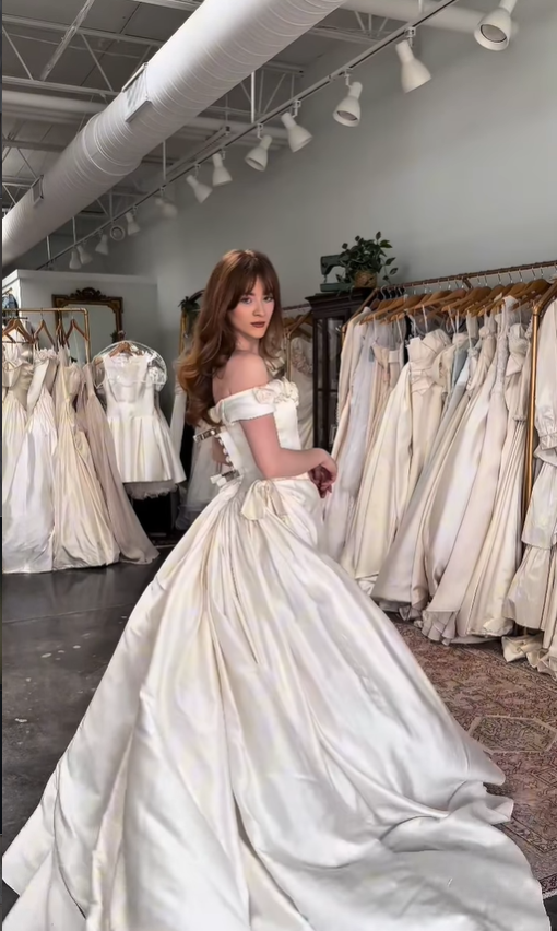 Retro Beige A Line Off the Shoulder 3D Flower Satin Wedding Dress SH6087