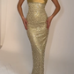 Golden Sheath Strapless Beaded Tulle Long Prom Dress Evening Dress SH4833