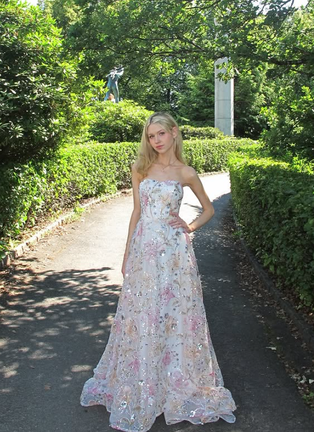 Beautiful A Line Strapless Sequin Floral White Tulle Long Prom Dress Date Dress SH6507