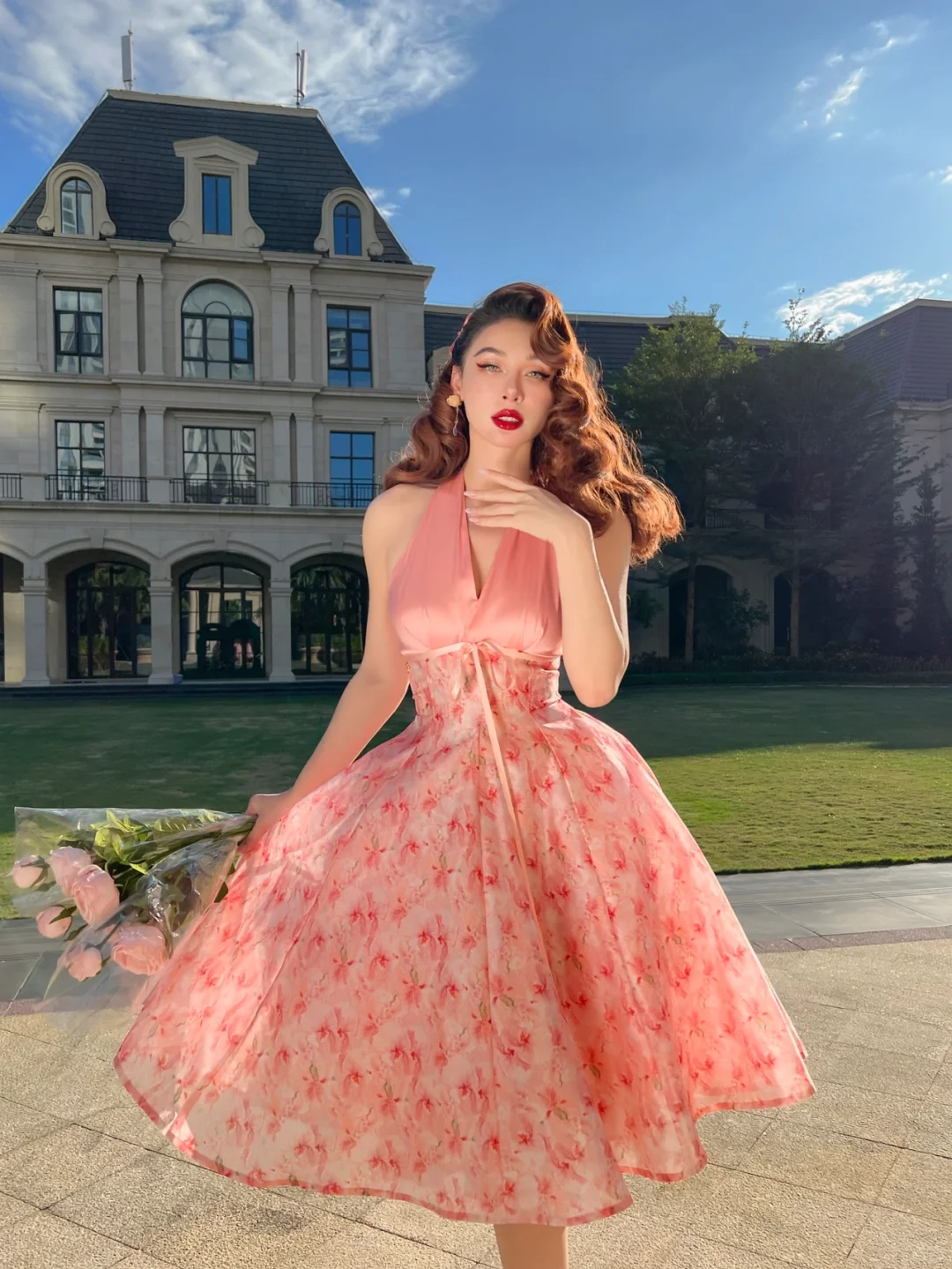 Pink Vintage A Line Halter Print Floral Chiffon Short Homecoming Dress Outfits SH4236