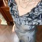 Vintage Unique Mermaid V Neck Grey Satin Long Prom Dress SH5172