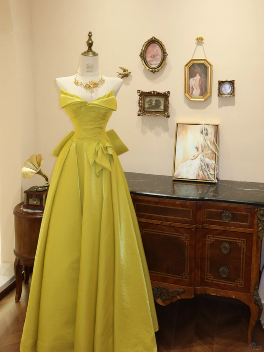 Elegant A Line Strapless Yellow Satin Long Prom Dress Evening Dress with Bow SH3670