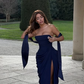 Navy Blue Sheath Strapless Pleated Chiffon Prom Dress Evening Dress with Slit SH6269