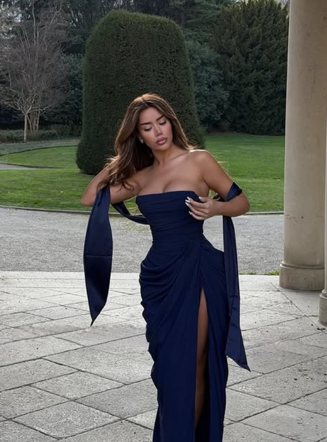 Navy Blue Sheath Strapless Pleated Chiffon Prom Dress Evening Dress with Slit SH6269