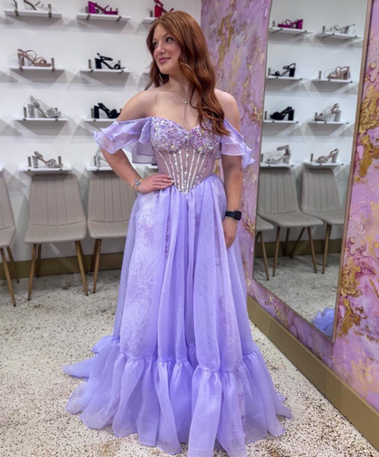 Princess Purple A Line Off the Shoulder Beaded Corset Tulle Prom Dress Party Evening Dress SH7250