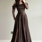 Elegant Brown A Line Long Sleeve Lace Satin Prom Dress Wedding Guest Dress SH5394