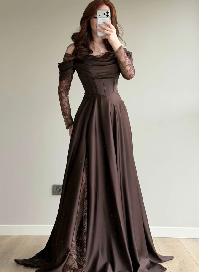Elegant Brown A Line Long Sleeve Lace Satin Prom Dress Wedding Guest Dress SH5394