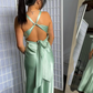 Green Simple Sheath V Neck Satin Open Back Prom Dress Evening Dress Formal Gown SH3921