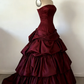 Vintage Simple Ball Gown Strapless Burgundy Layered Satin Long Prom Dress Party Dress SH5537