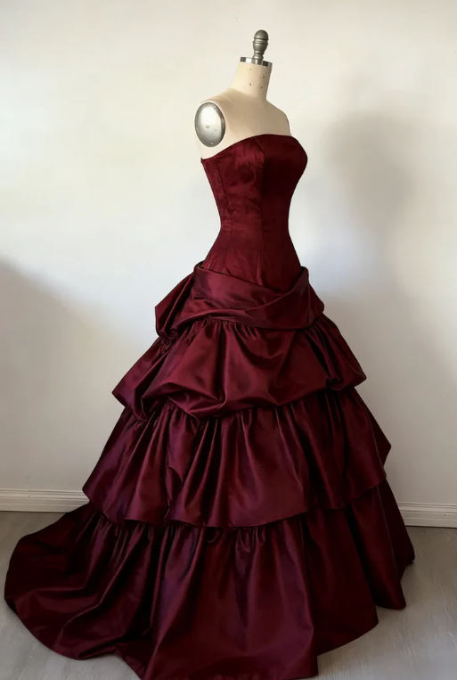 Vintage Simple Ball Gown Strapless Burgundy Layered Satin Long Prom Dress Party Dress SH5537