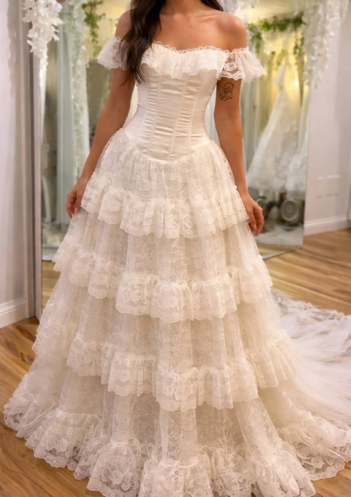 Princess Ball Gown Off the Shoulder White Layered Lace Long Wedding Dress SH7070