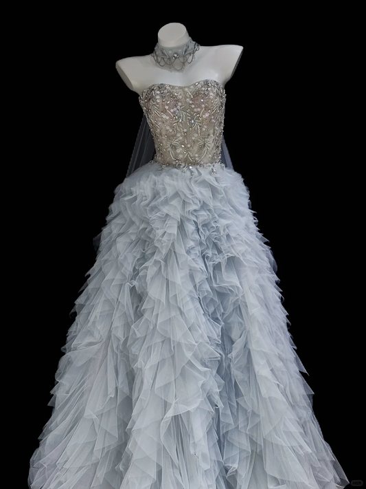 Elegant A Line Sweetheart Neck Beaded Blue Tulle Long Prom Dress Evening Dress SH5006