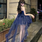 Dramy Navy Blue Ball Gown Spaghetti Strap Bow Satin Tulle Short Prom Dress Homecoming Dress SH6439