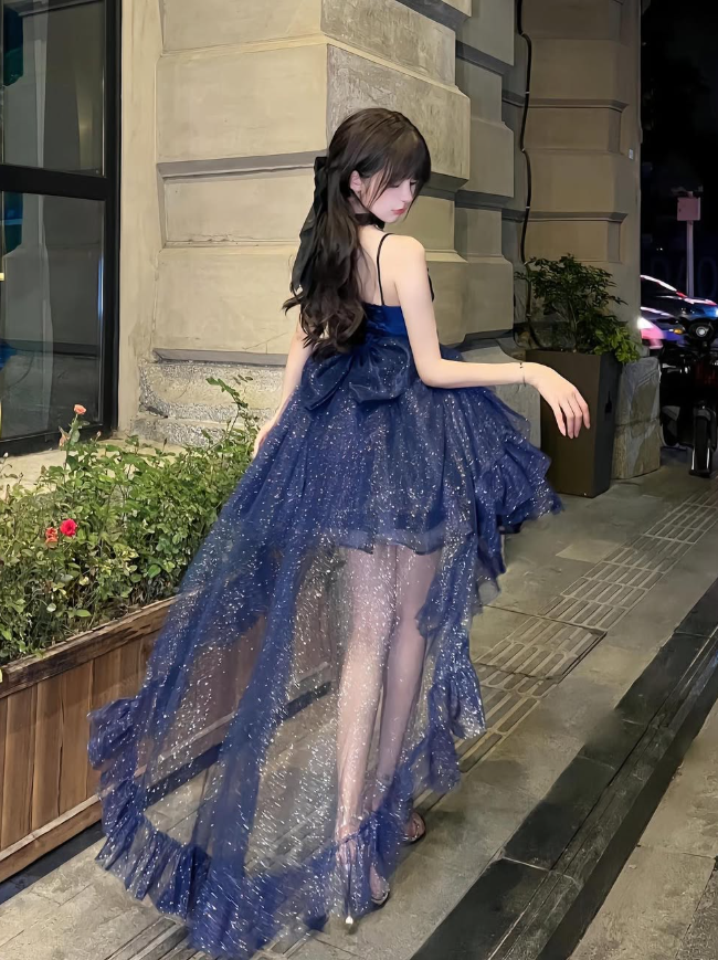Dramy Navy Blue Ball Gown Spaghetti Strap Bow Satin Tulle Short Prom Dress Homecoming Dress SH6439