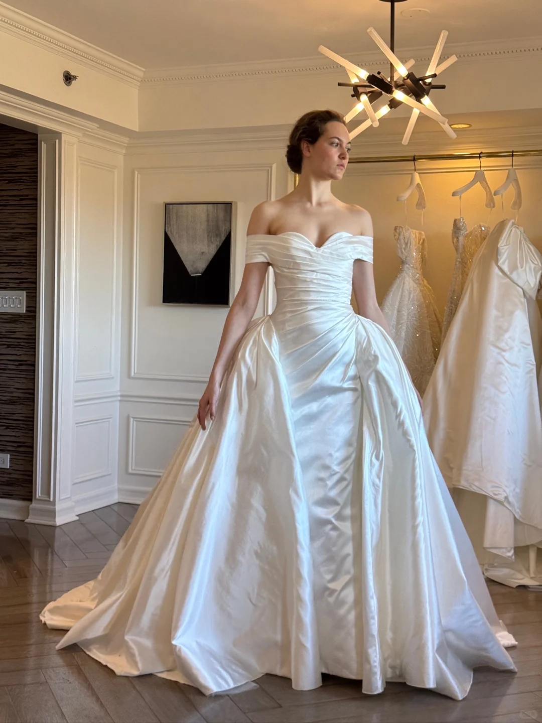 Ball Gown Off the Shoulder Pleated White Simple Satin Long Wedding Dress SH4757