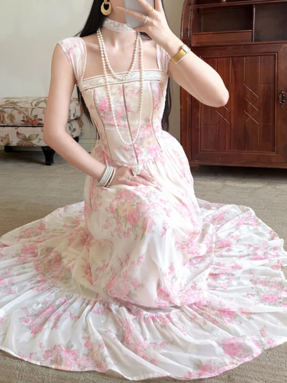 Sweety Pink Print Floral A Line Straps Chiffon Prom Dress Evening Dress SH6766