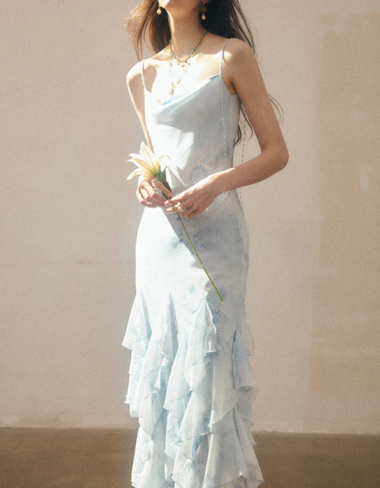 Blue Mermaid Spaghetti Strap Ruffle Chiffon Long Prom Dress Party Dress SH4148