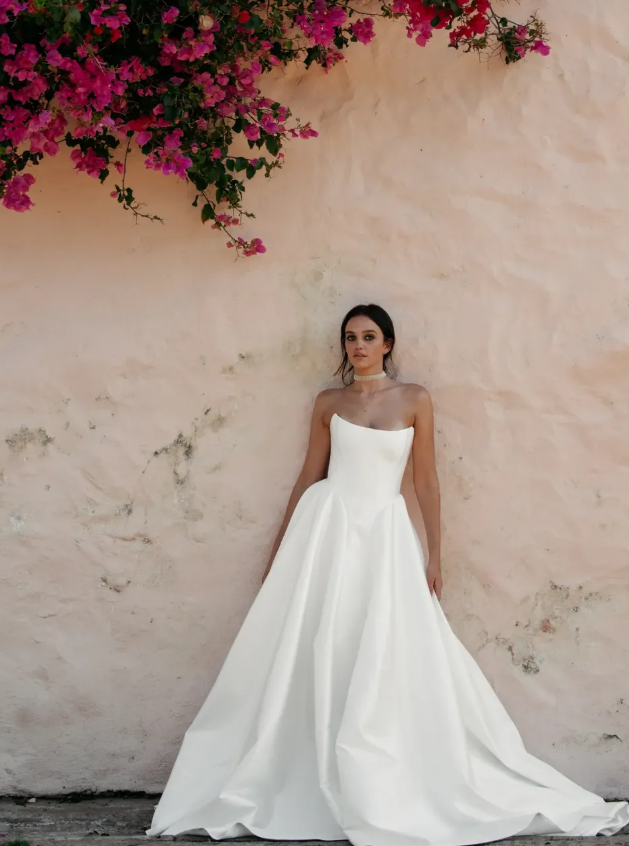 High-class Simple A Line Strapless White Satin Long Wedding Dress SH7355