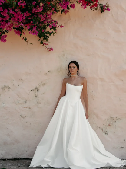 High-class Simple A Line Strapless White Satin Long Wedding Dress SH7355