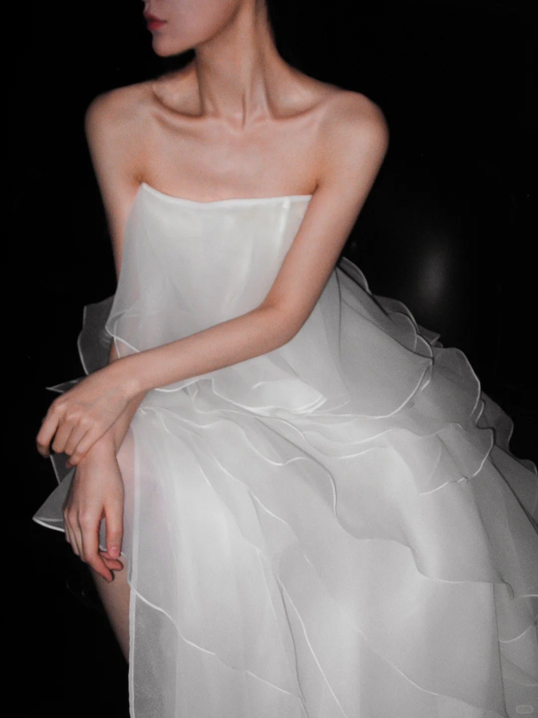 Dreamy A Line Strapless White Layered Organza Wedding Dress SH5865