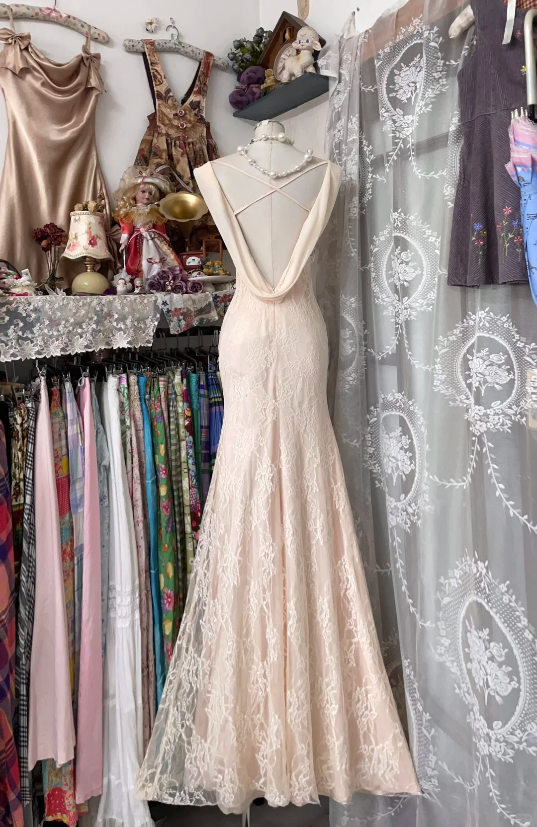 Apricot Vintage Mermaid Appliques Lace Chiffon Long Prom Dress SH5258