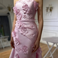 Sweet Pink Mermaid Strapless 3D Floral Satin Prom Dress Evening Dress SH1902
