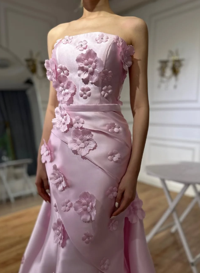 Sweet Pink Mermaid Strapless 3D Floral Satin Prom Dress Evening Dress SH1902