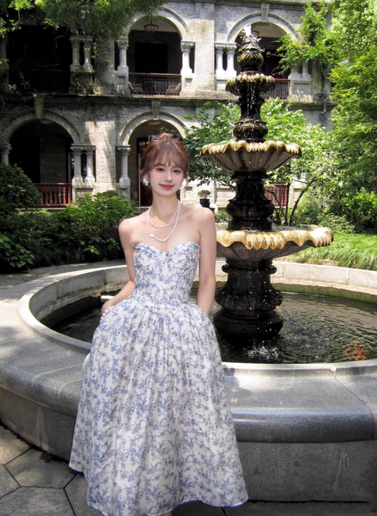 Blue A Line Sweetheart Neck Print Floral Satin Prom Dress 16th Birthday Dress SH3984