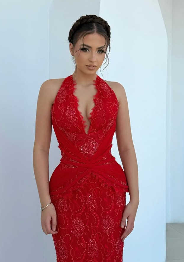 Red Luxurious Sheath V Neck Sequin Lace Long Prom Dress Evening Dress SH6349