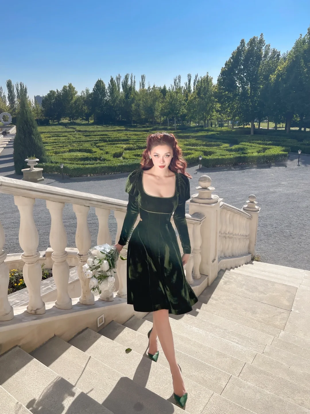 Vintage A Line Long Sleeve Green Velvet Short Prom Dress Homecoming Dress SH4227