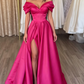 Hot Pink A Line Off the Shoulder Satin Prom Dress with Slit SH5464