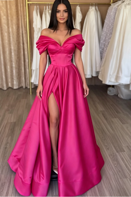 Hot Pink A Line Off the Shoulder Satin Prom Dress with Slit SH5464