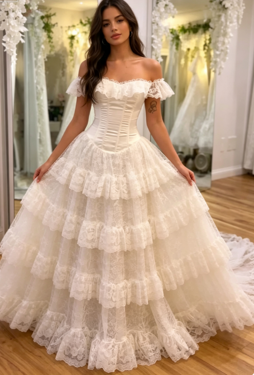 Princess Ball Gown Off the Shoulder White Layered Lace Long Wedding Dress SH7070