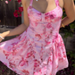 Pink Print Floral A Line Halter Satin Short Prom Dress Homecoming Dress SH6390
