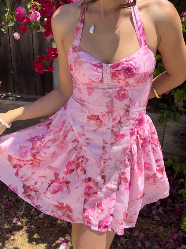 Pink Print Floral A Line Halter Satin Short Prom Dress Homecoming Dress SH6390